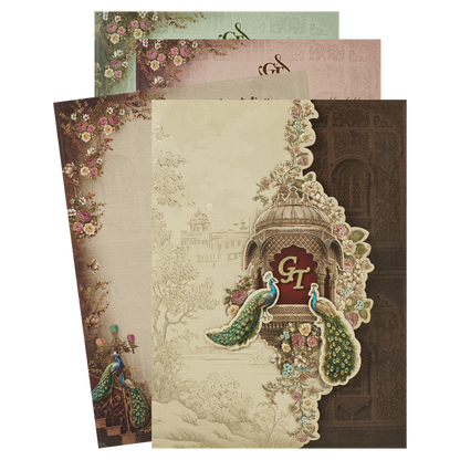 Brown Peacock Mandir Wedding Card-KSI64790