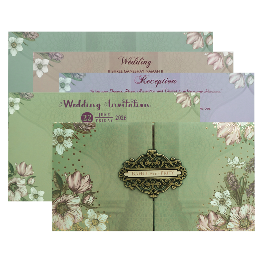 Green Floral Padded Wedding Card-KJTS1712