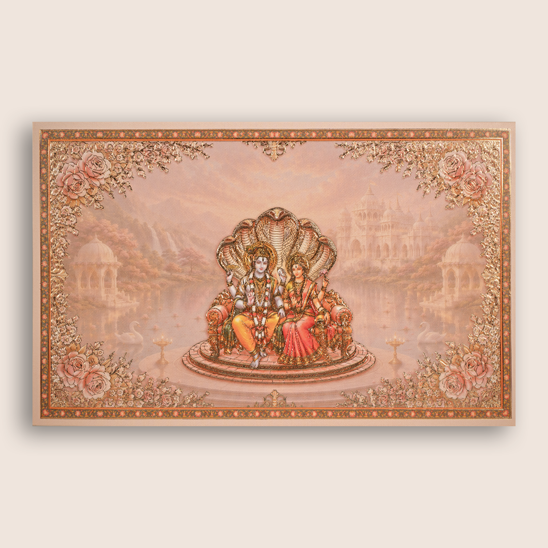 Pink Lord Lakshmi Narayan Embossed Floral Wedding Card- KPR07050