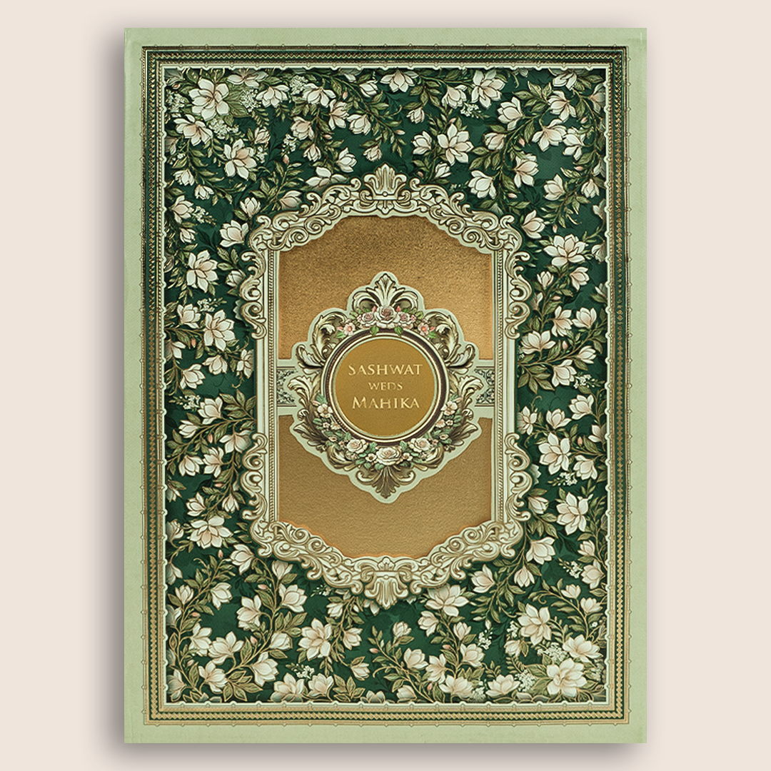 Green Floral Laser Cut Padded Wedding Card - KRE29070