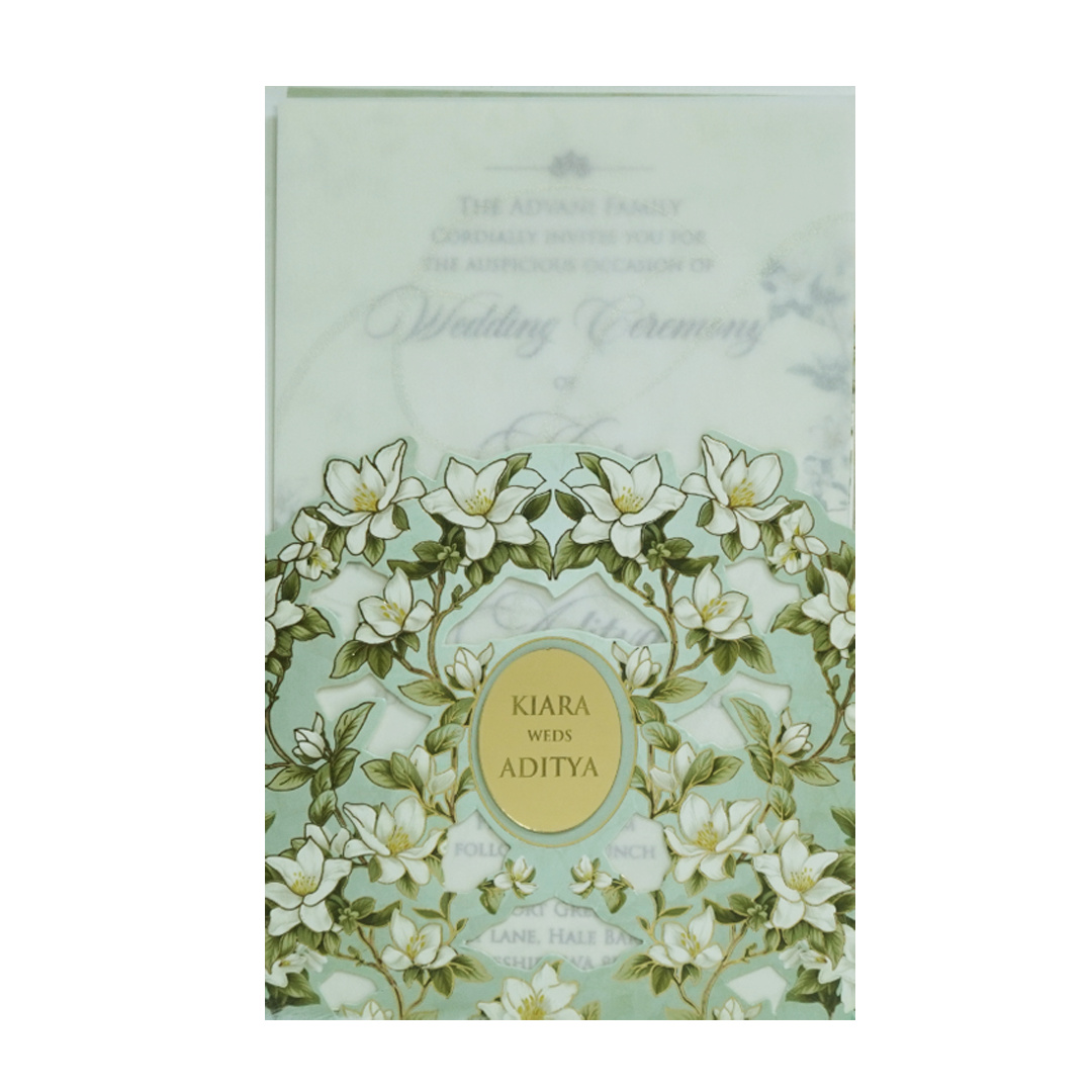 Green Magnolia Floral Laser-Cut Wedding Card-KFR15240