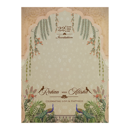 Beige Gold Elephant and Peacock Theme Wedding Card - KFR16450