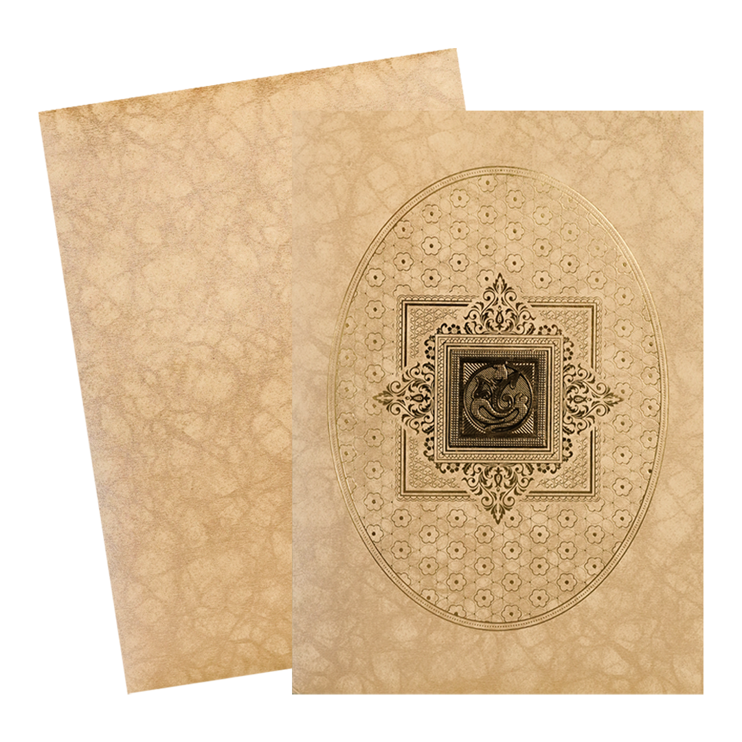 Gold Oval Floral Ganesha Wedding Card-KNKR042B