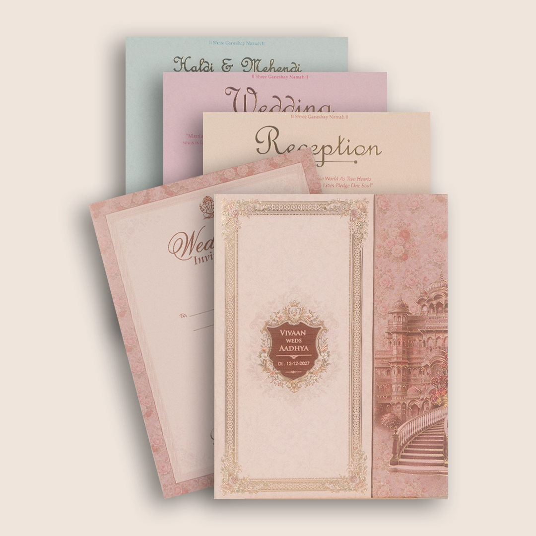 Pink Floral Palace Padded Door Style Wedding Card - KSH18500
