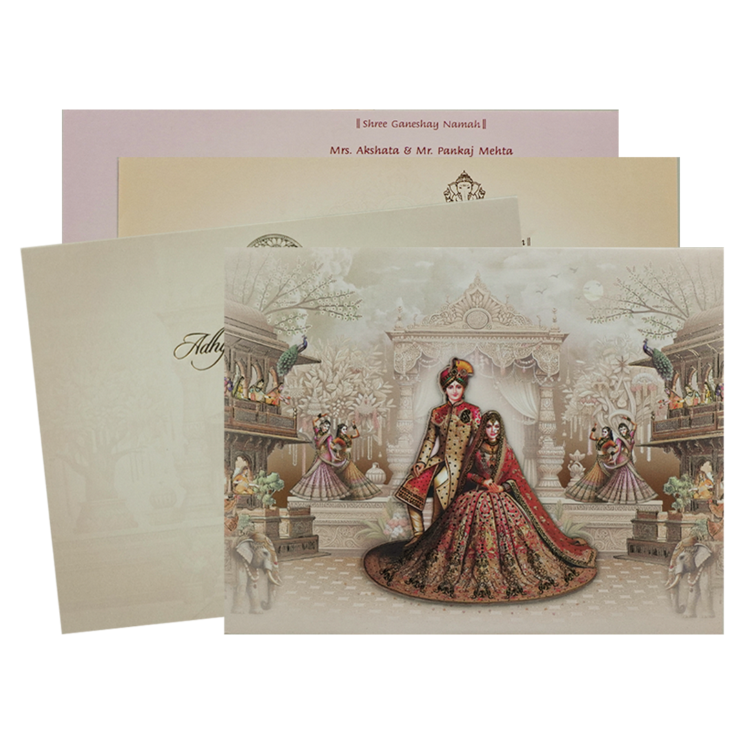 Beige Padded Bride Groom Wedding Card-KRC31080