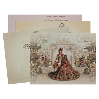 Beige Padded Bride Groom Wedding Card-KRC31080