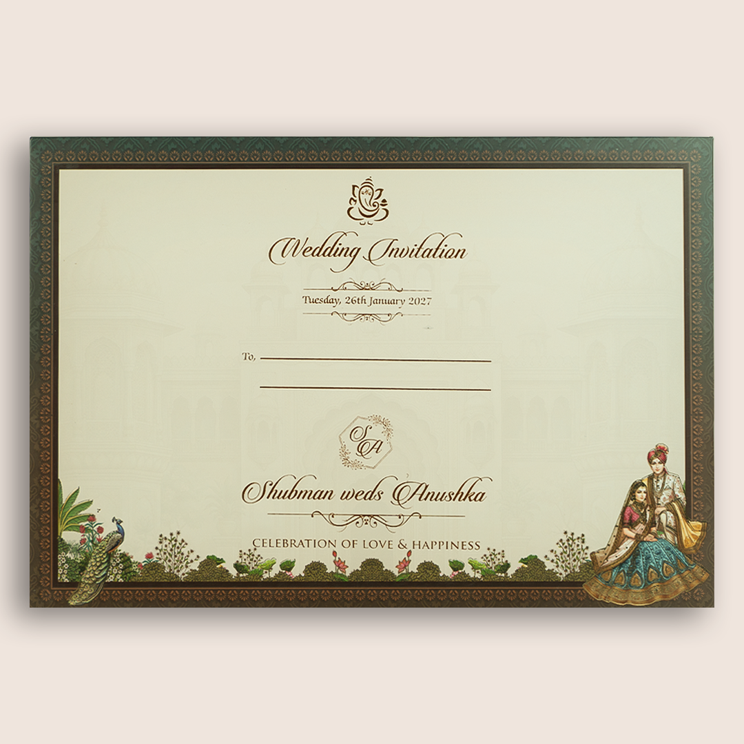 Green Bride Groom Laser Cut Padded Wedding Invitation - KRB10740