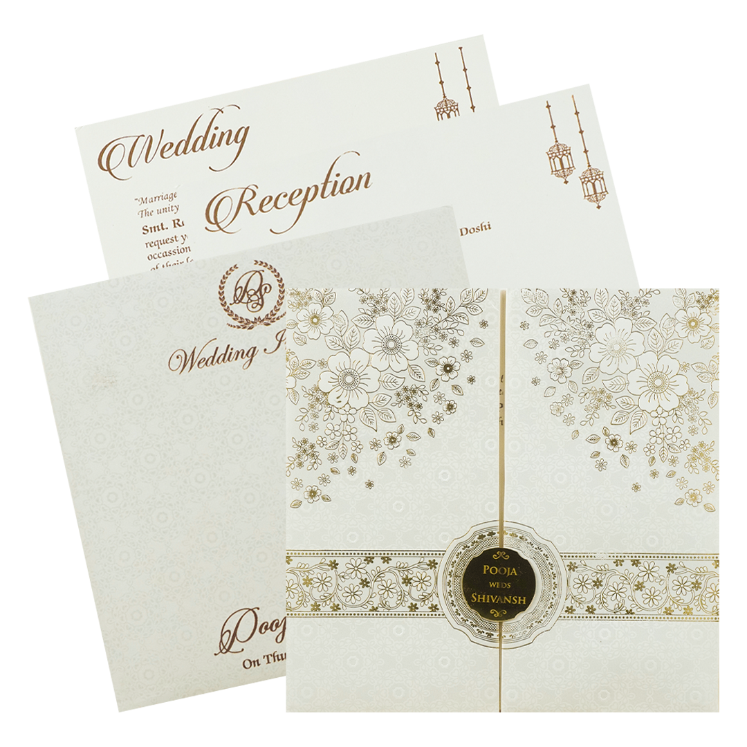 White Floral Embossed Padded Wedding Card-KRE26490