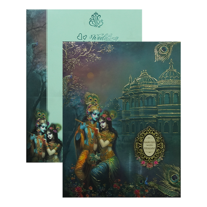 Blue Krishna Radha Padded Wedding Card-KSH72390