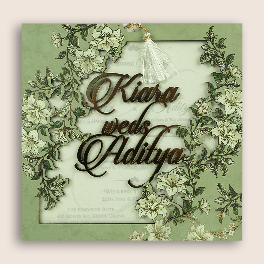 Green Lilly Flower MDF Laser Cut Wedding Card - KFR17120