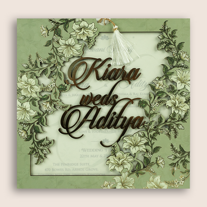 Green Lilly Flower MDF Laser Cut Wedding Card - KFR17120