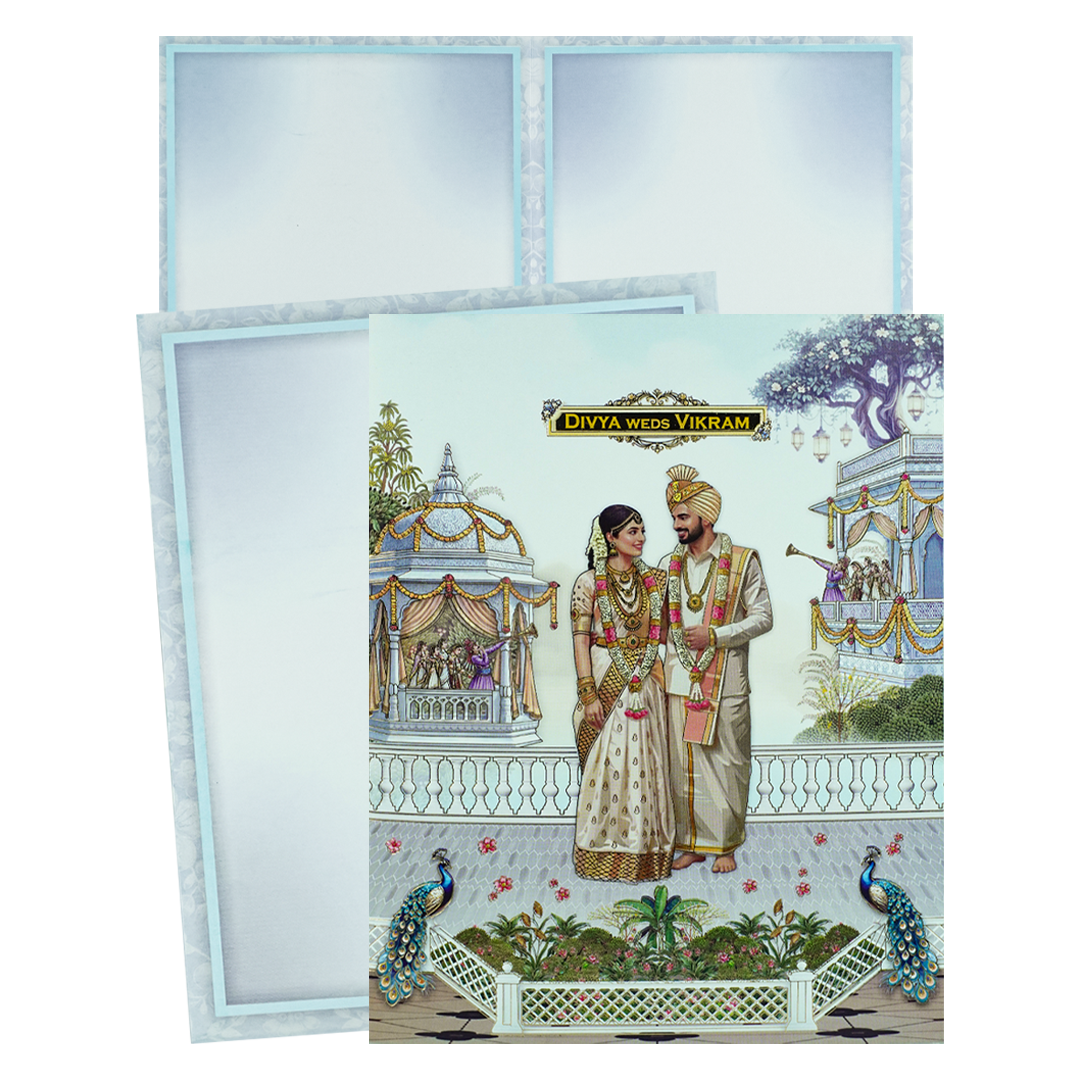Blue Bride Groom Peacock Wedding Card-KNKJ1161
