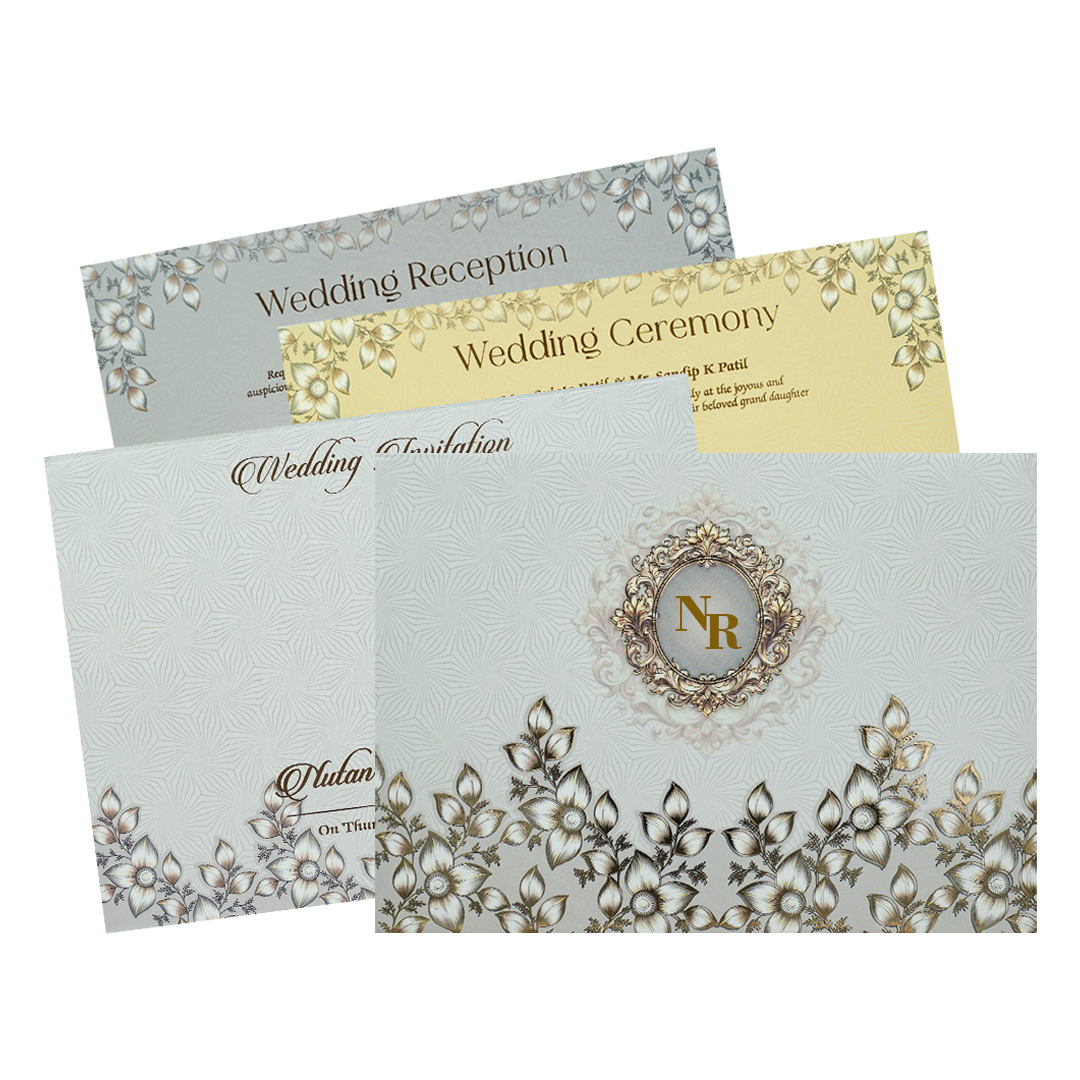 Grey Floral Gold Frame Padded Wedding Card-KRE27990