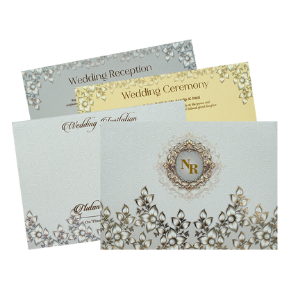Grey Floral Gold Frame Padded Wedding Card-KRE27990
