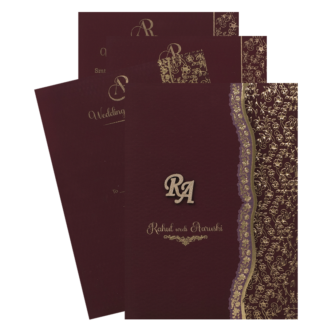Maroon Gold Embossed Wedding Card-KSI64970