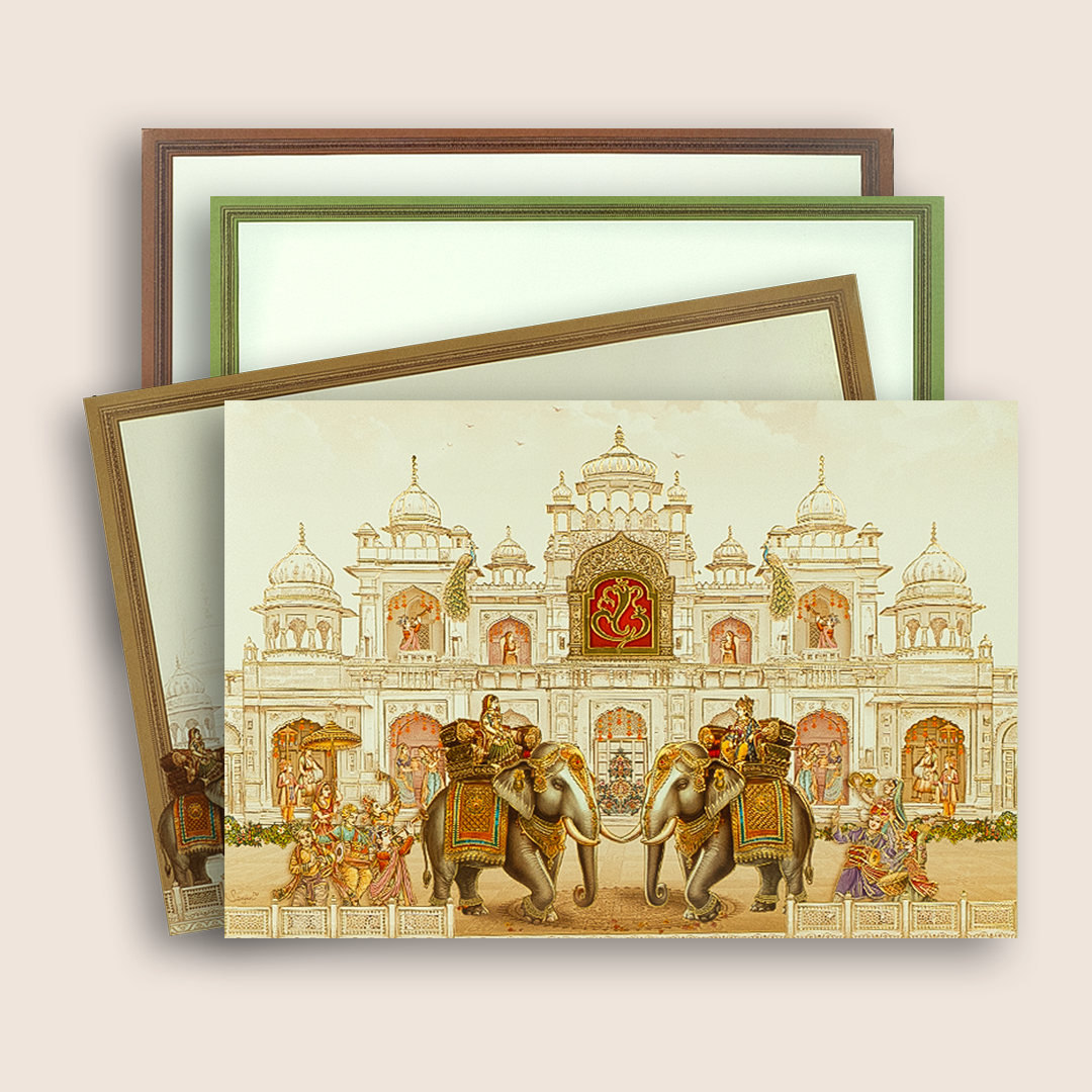 Beige Royal Elephant Palace Wedding Card - KAA05310