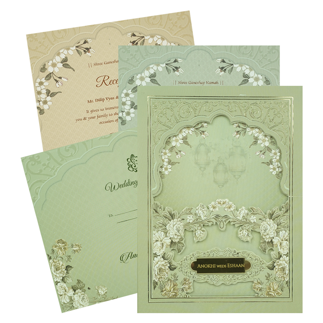 Check out Pastel Green Floral Arch Padded Wedding Card at best price.✅WhatsApp Support ✅Express Delivery|King of cards.