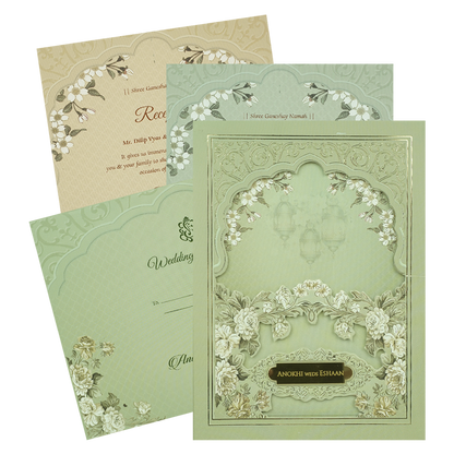 Check out Pastel Green Floral Arch Padded Wedding Card at best price.✅WhatsApp Support ✅Express Delivery|King of cards.