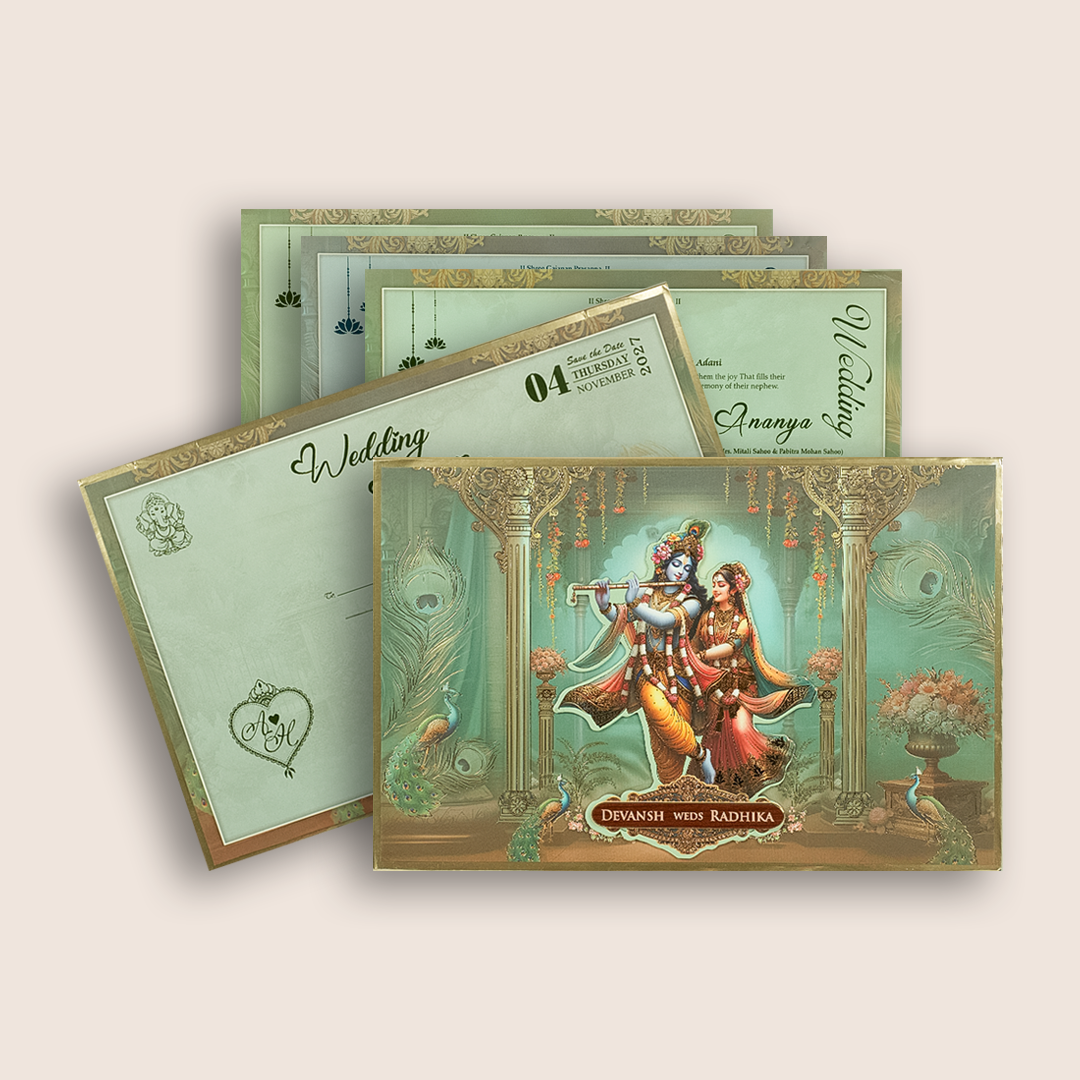 Teal Green Radha Krishna Padded Wedding Invitation - KSH18060