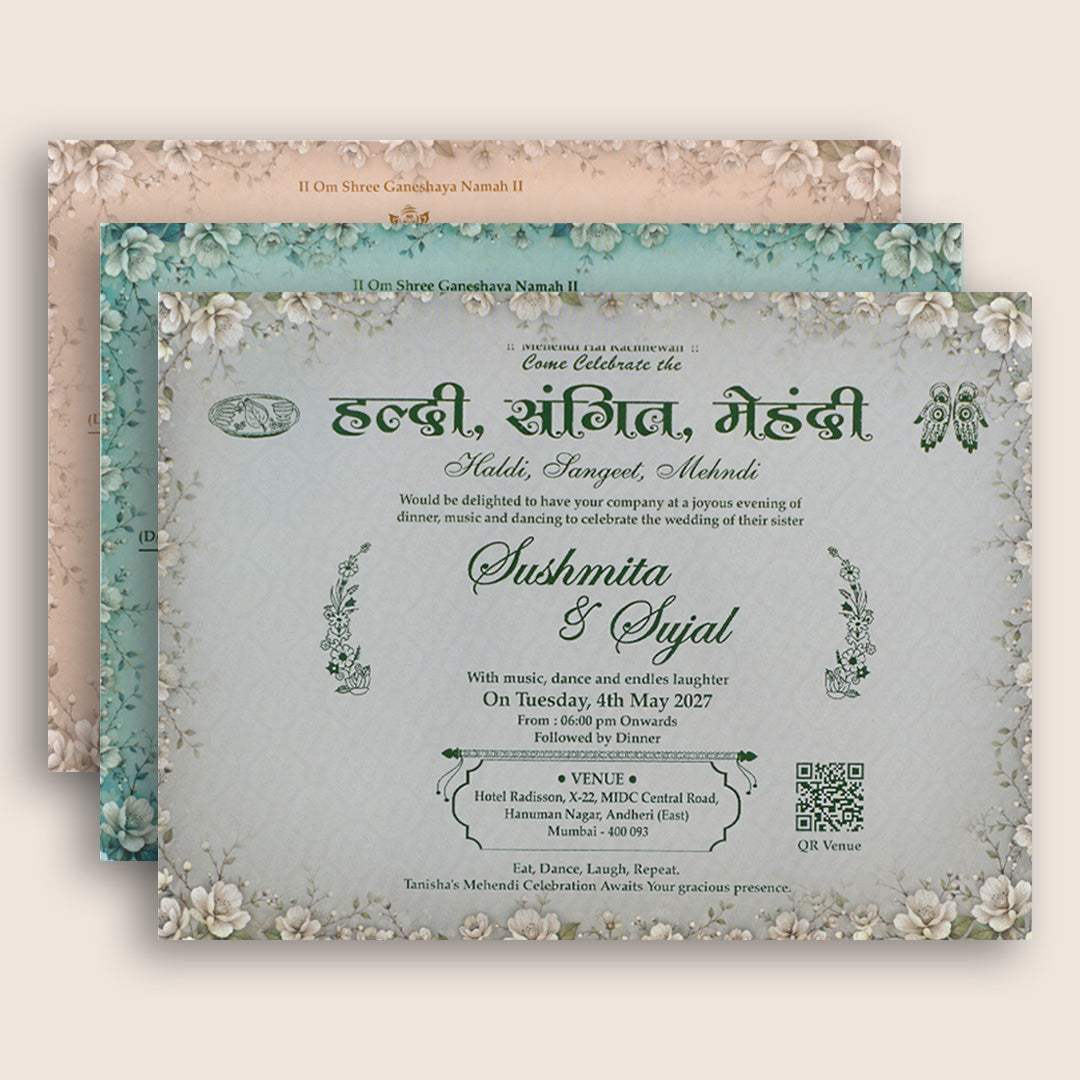 Green Floral Padded Door Style Wedding Card - KSH27030