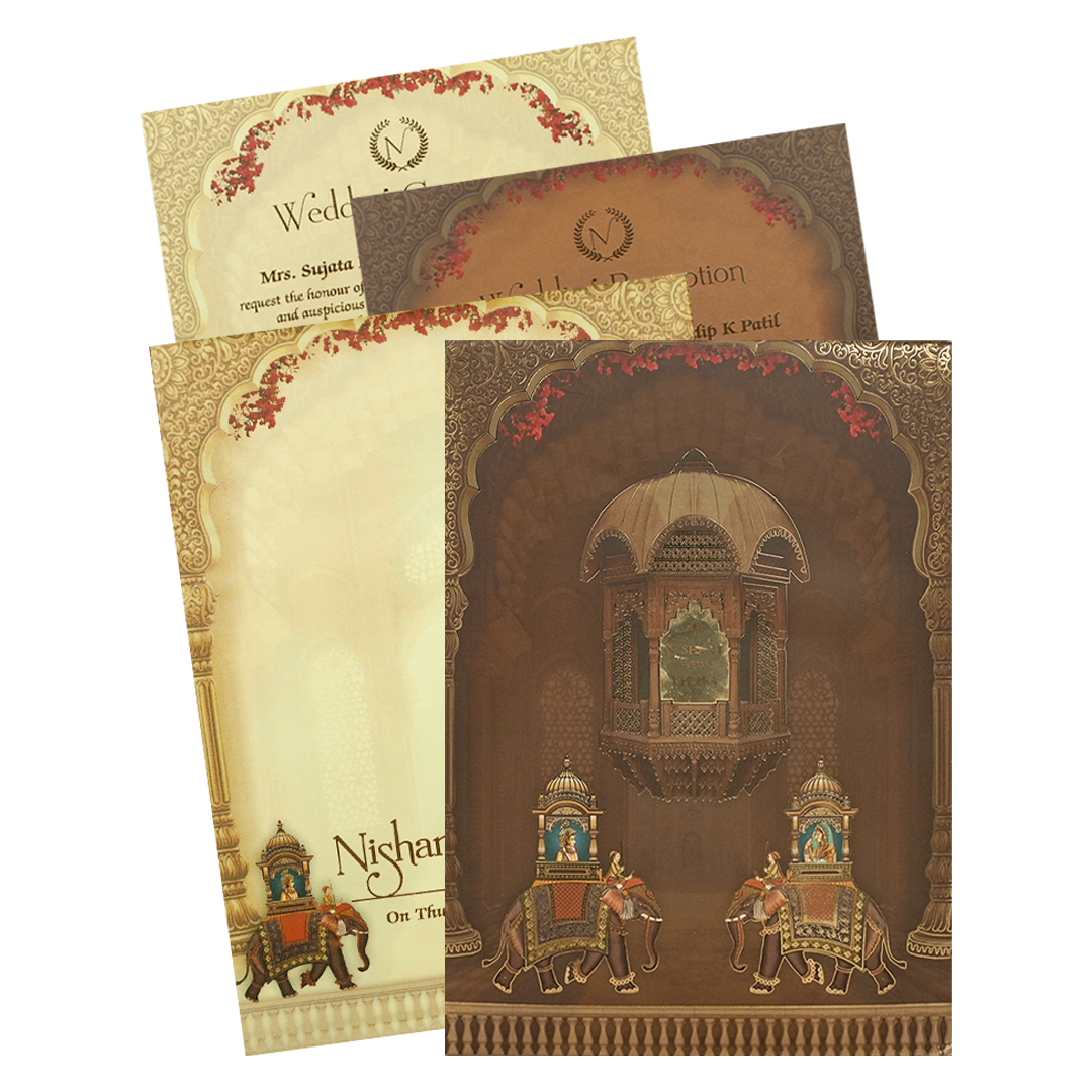 Brown Palace Elephant Padded Wedding Card-KRE27980