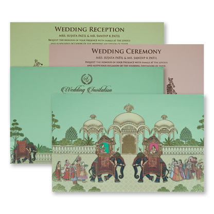 Mint Green Palace Elephant Padded Wedding Card-KRE27150