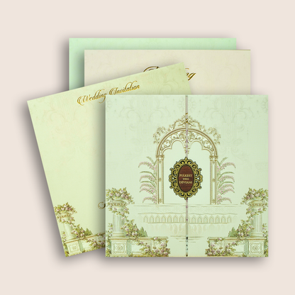 White Floral Door Style Padded Wedding Card - KJTS1819