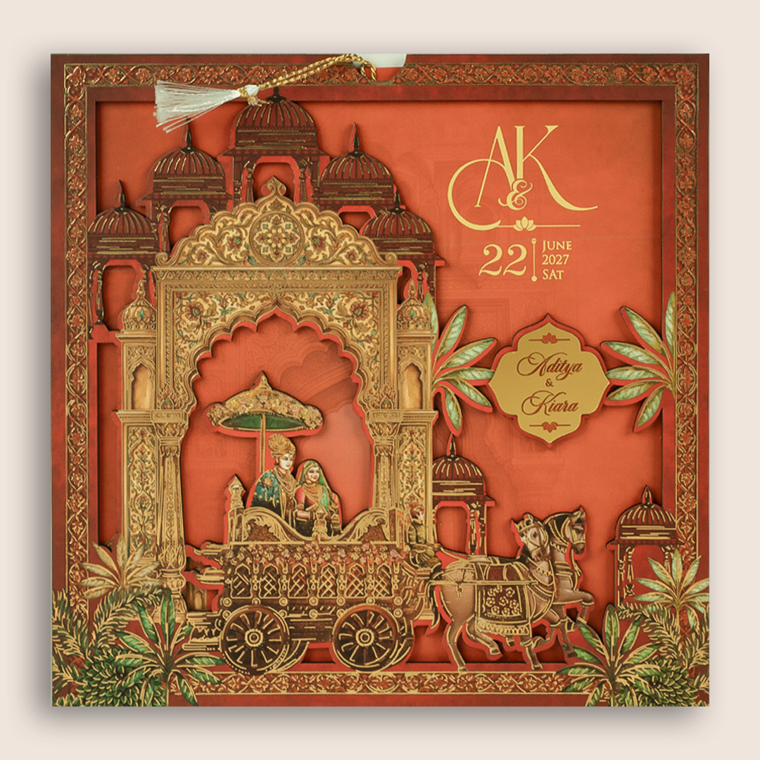 Red Laser Cut Horse Chariot MDF Wedding Invitation - KFR17090