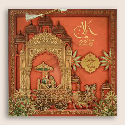 Red Laser Cut Horse Chariot MDF Wedding Invitation - KFR17090