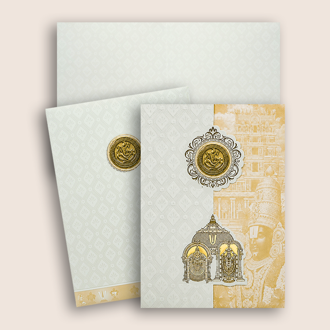 White Pastal Yellow Lord Venkateshwara Wedding Card - KNA2405Y