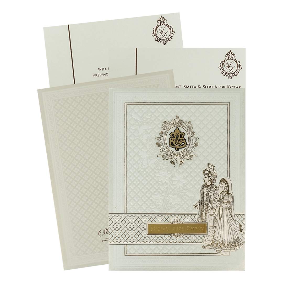White Royal Couple Embossed Padded Wedding Card-KRE28140