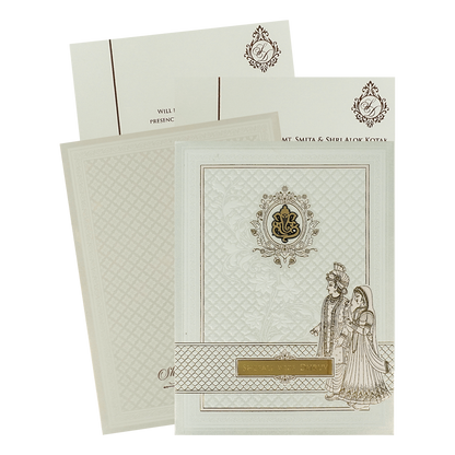 White Royal Couple Embossed Padded Wedding Card-KRE28140