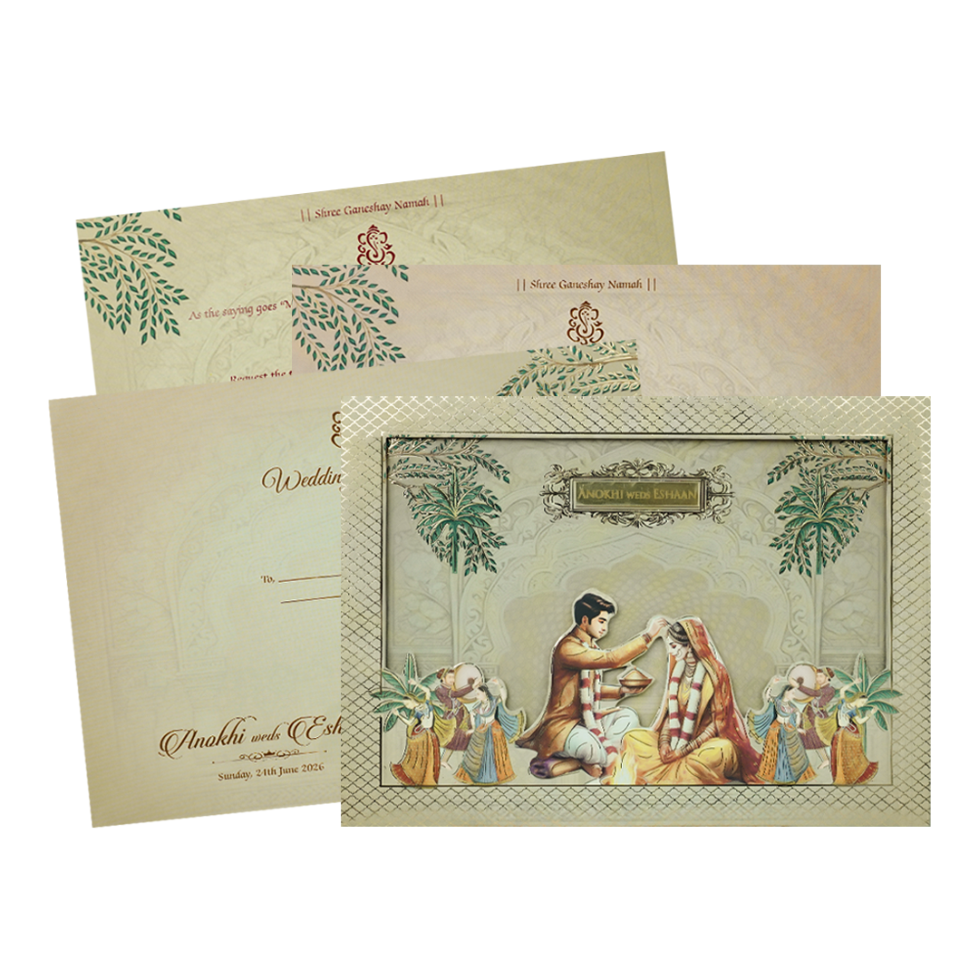 Check out Gold Traditional Laser Cut Padded Wedding Card at best price.✅WhatsApp Support ✅Express Delivery.|King of cards.