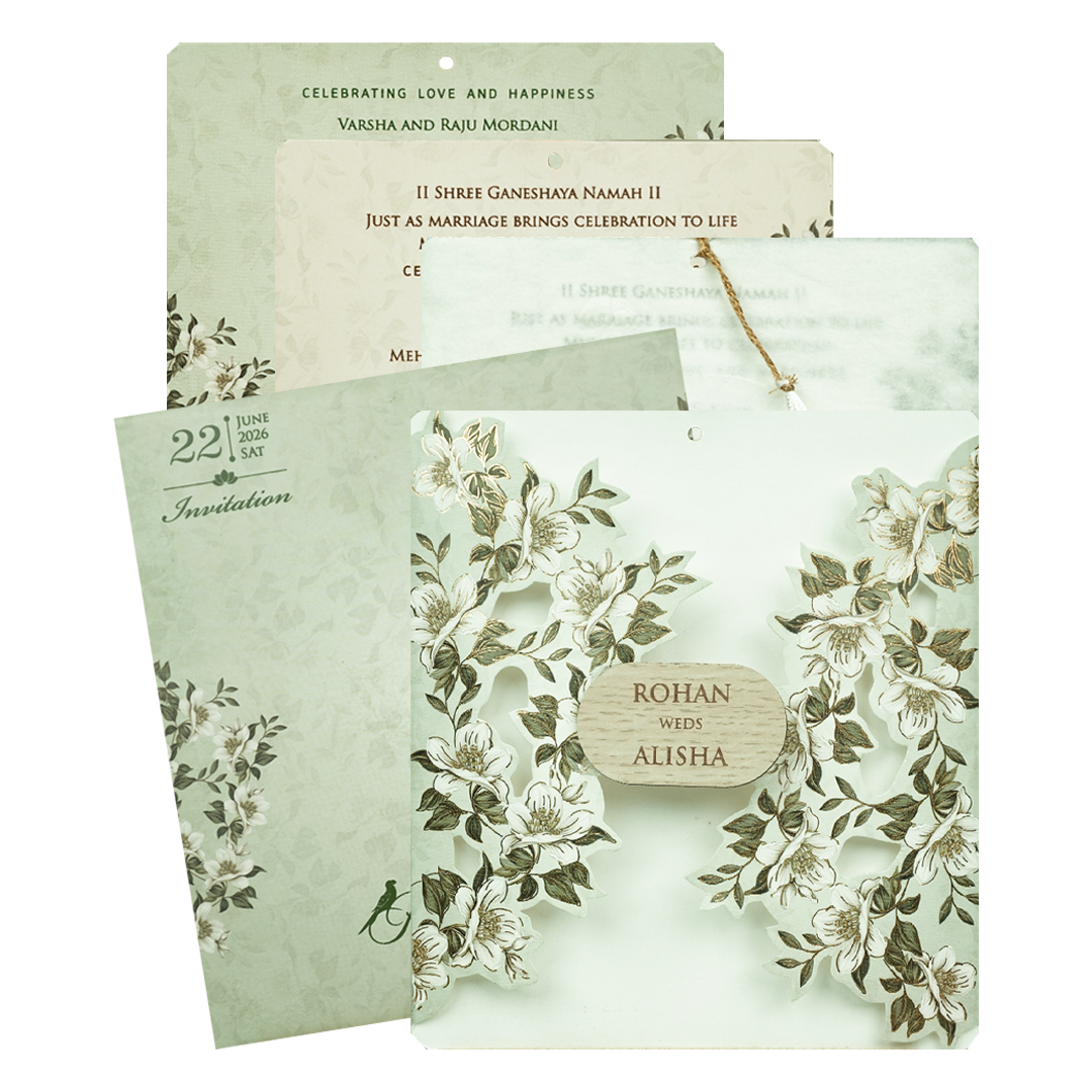 Mint Green White Floral Laser Cut Wedding Card-KFR16170