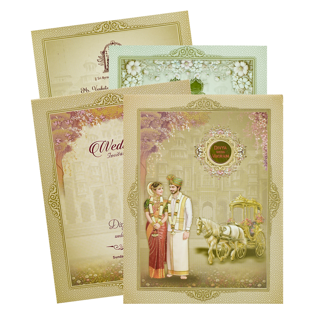 Royal Chariot Couple Padded Wedding Card-KNMO9312
