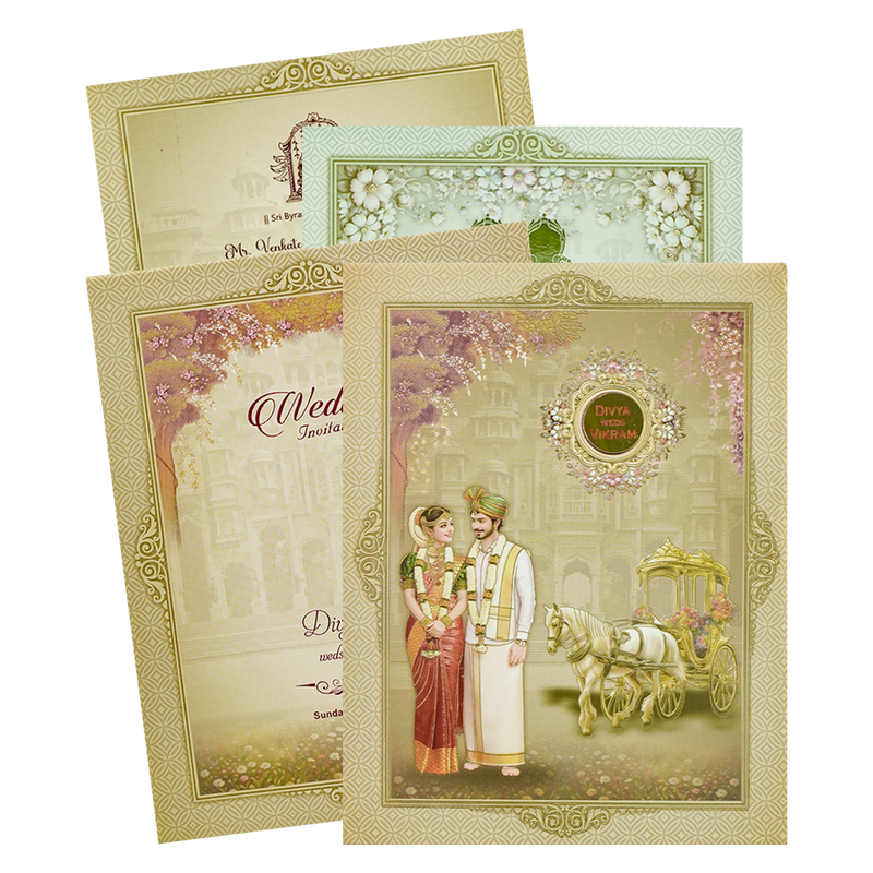 Royal Chariot Couple Padded Wedding Card-KNMO9312