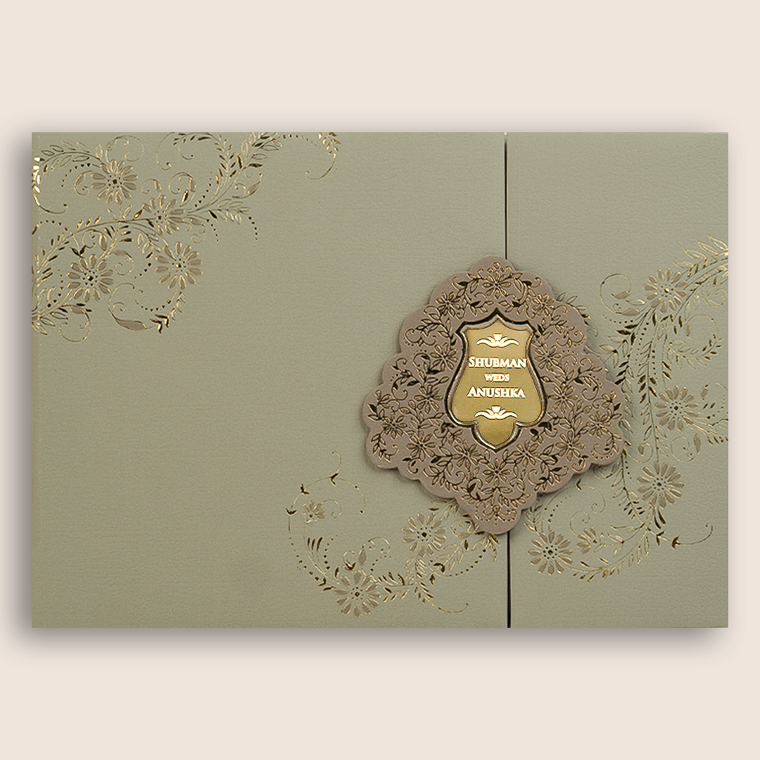 Light Grey Embossed Floral Door Style Marriage Invitation - KRB10460
