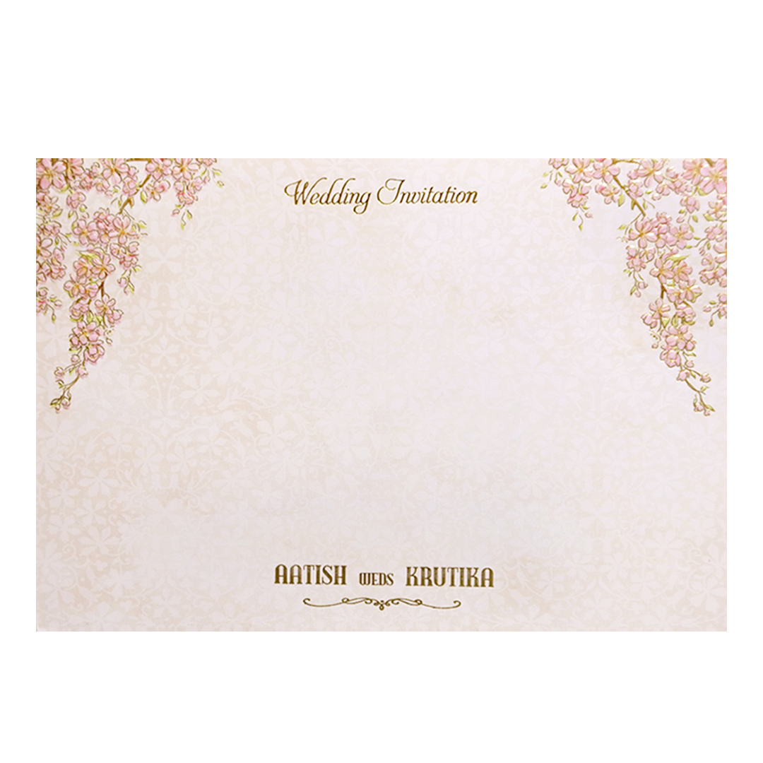 Cream Gold Mandap Floral Padded Wedding Card-KMMWD1146