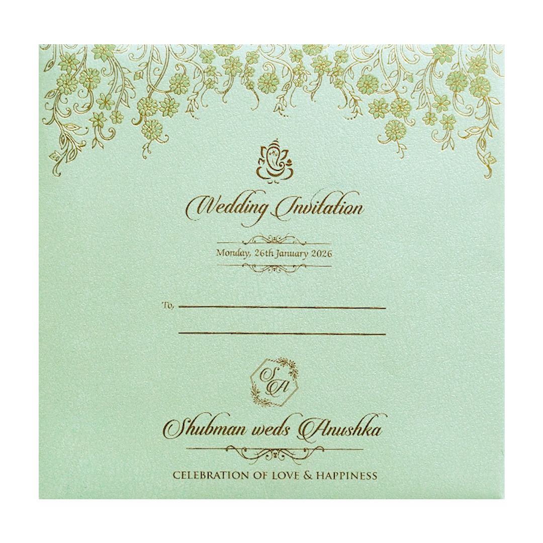 Pista Green Padded Embossed Floral Wedding Invitation Card-KRB09571