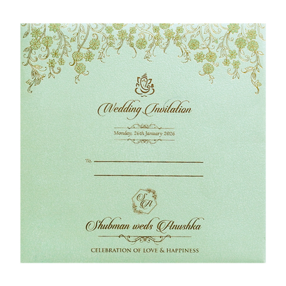 Pista Green Padded Embossed Floral Wedding Invitation Card-KRB09571