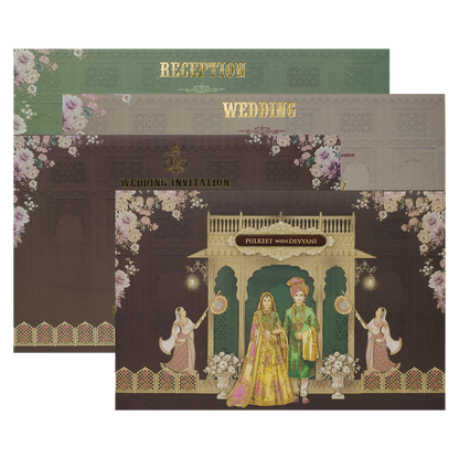 Brown Gold Stage Bride Groom Floral Padded Wedding Card-KJTS1826