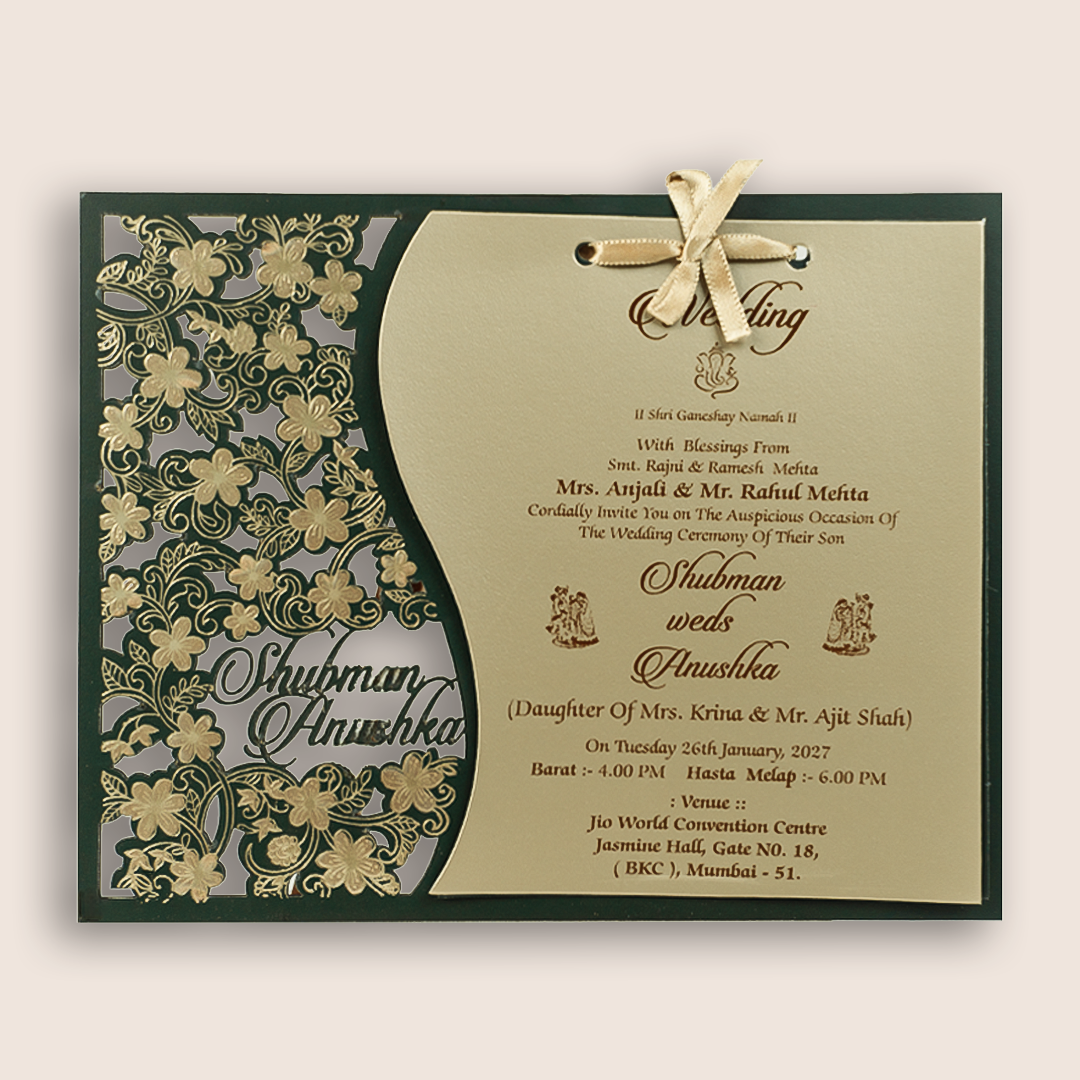 Dark Green Floral MDF Laser Cut Wedding Invitation Card - KRB08082