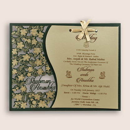 Dark Green Floral MDF Laser Cut Wedding Invitation Card - KRB08082