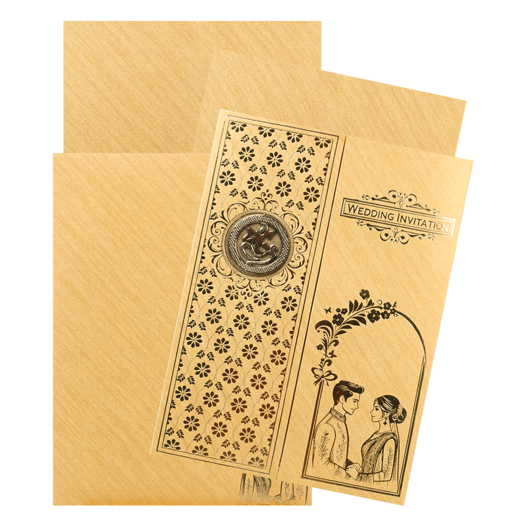 Gold Swastika Couple Gatefold Wedding Card-KNCM043GL
