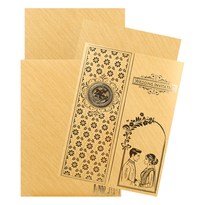 Gold Swastika Couple Gatefold Wedding Card-KNCM043GL