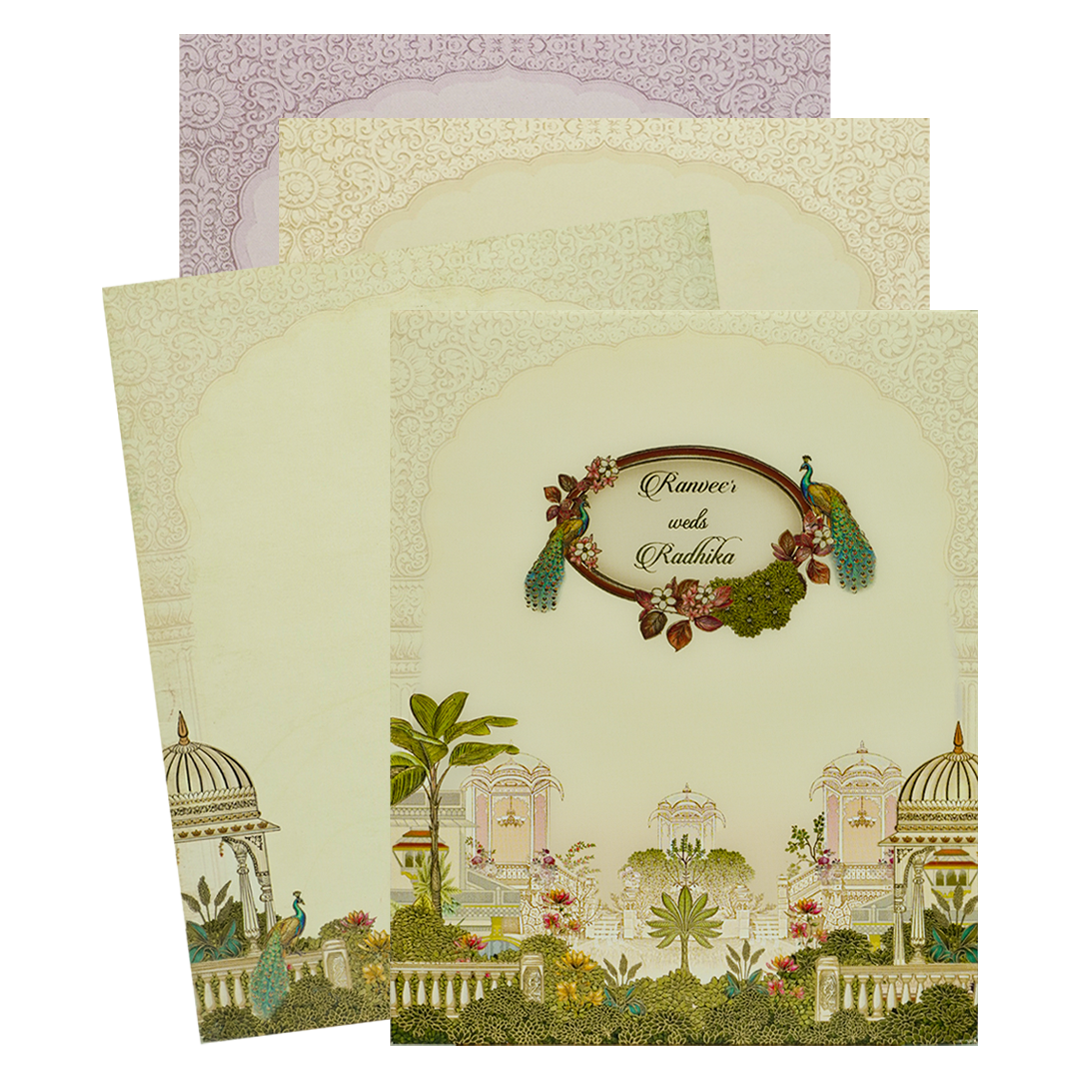 Cream Peacock Jharokha Padded Premium Wedding Card - KAK01370