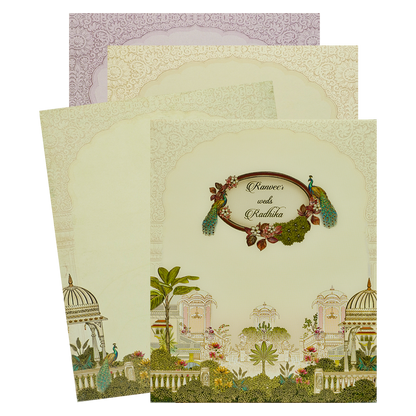 Cream Peacock Jharokha Padded Premium Wedding Card - KAK01370