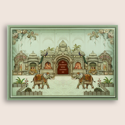Teal Green Royal Elephant Jharokha Laser Cut Padded Wedding Card - KRB09920