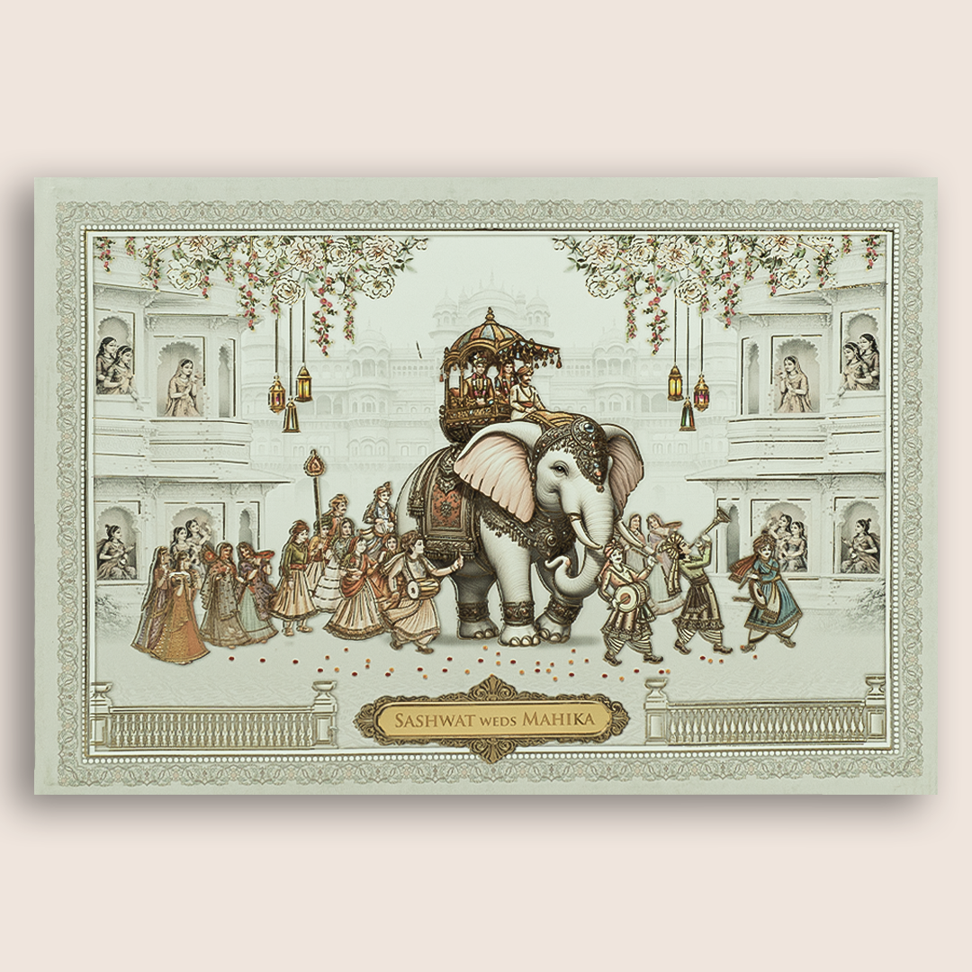 White Royal Baraat Padded Invitation Card - KRE28990