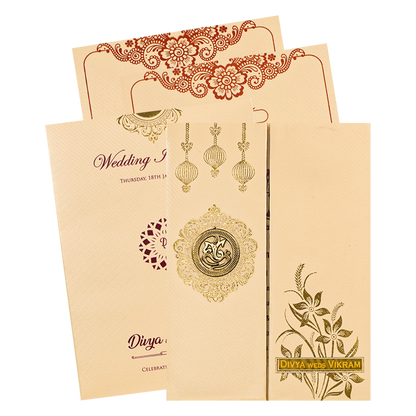 Cream Double Door Floral Padded Wedding Card-KNPM9532P